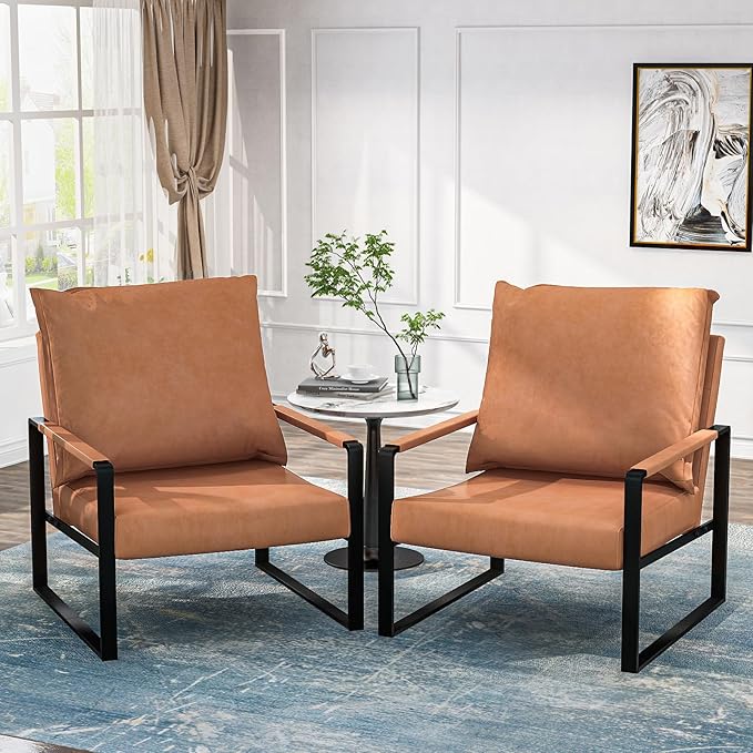 AWQM Leather Accent Chair Set of 2, Sofa Chair with Extra-Thick Padded Backrest & Seat Cushion Single Sofa for Living Room Bedroom, Black Metal Frame, 105 Degree Slant Back-Apricot（Set of 2）