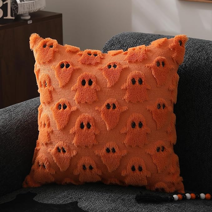 DFXSZ Halloween Pillow Covers 18x18 inch Set of 2 Orange Ghost Throw Pillow Cases Soft Plush Faux Fur Wool Couch Cushion Case for Chair Sofa Bedroom Living Room Home Decor PTK03C18