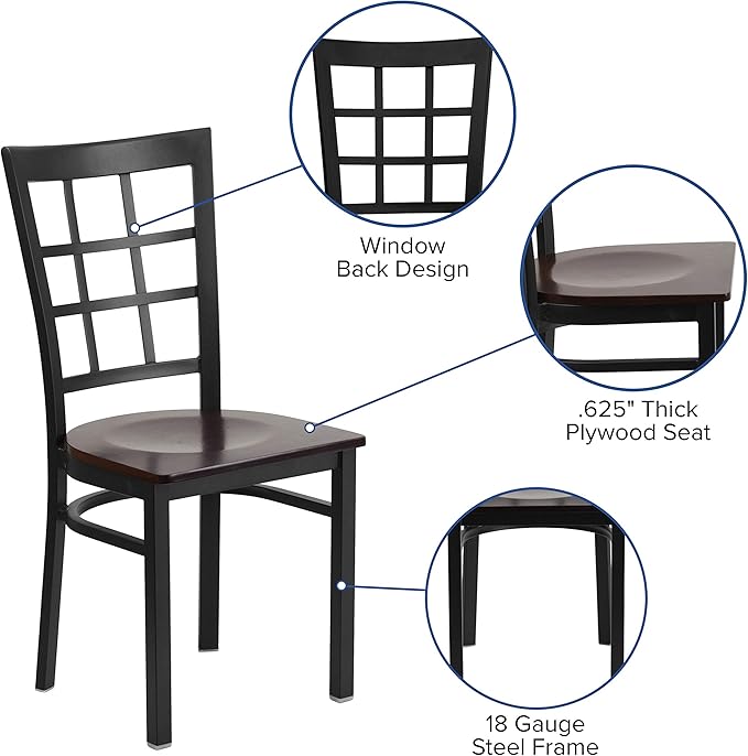 Flash Furniture HERCULES Series Black Window Back Metal Restaurant Chair - Walnut Wood Seat