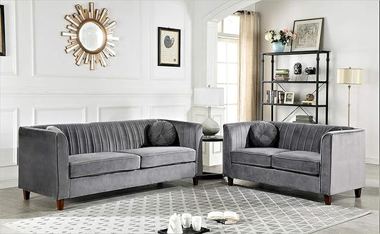 Container Furniture Direct Arvilla Velvet Loveseat with Bolster Pillows, Soft Upholstery, Mid Century Modern Design, Chesterfield-Inspired Sofa Couch for Living Rooms, Fossil Grey