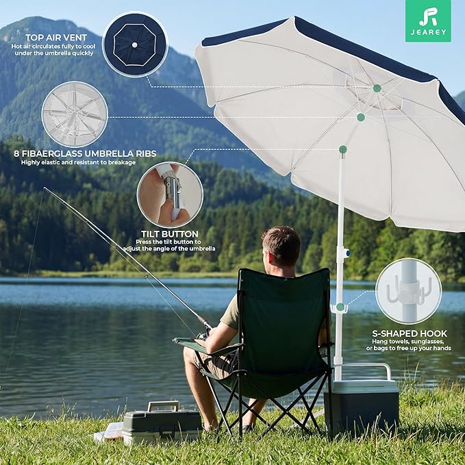JEAREY 6.5ft Sun Shade Umbrellas, Portable Umbrella with Stand, Lightweight Sun Protection Free Standing Sport Umbrella for Outdoor Sports, Camping, Fishing, Patio, Beach, Navy