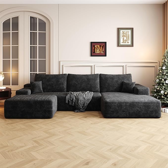 107" U Shaped Corduroy Couch with Ottoman, Compression Boneless Sofa, Deep Seat Cloud Modular Couch, Comfy Sectional Couches for Living Room Bedroom, No Assembly, Right Facing Chaise, Black