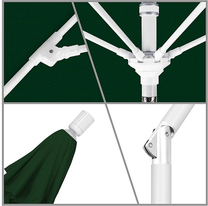 California Umbrella 9' Round Aluminum Pole Fiberglass Rib Market Umbrella, Crank Lift, Collar Tilt, White Pole, Hunter Green Olefin
