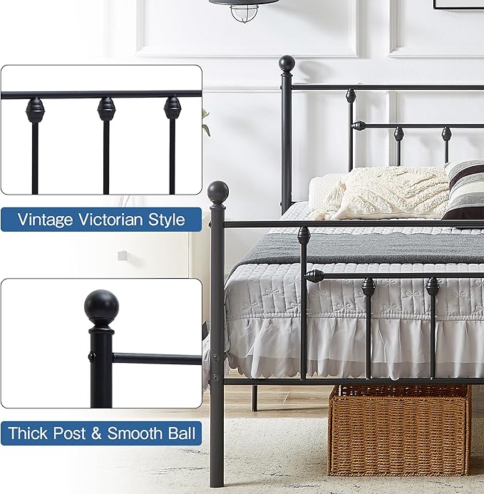 VECELO Twin Size Metal Platform Bed Frame with Headboard and Footboard, Heavy Duty Slat Support/No Box Spring Needed Mattress Foundation/Underbed Storage Space, Victorian Style