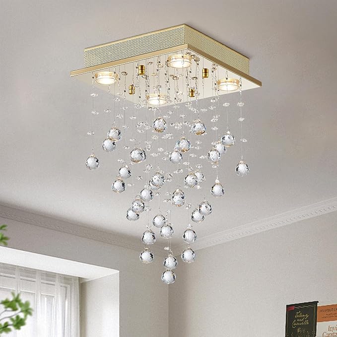 Bestier Gold Modern Crystal Square Raindrop Chandelier Lighting Flush Mount LED Ceiling Light Fixture Pendant Lamp for Dining Room Bathroom Bedroom Livingroom 4 GU10 Bulbs Required 12" Wide 20" High