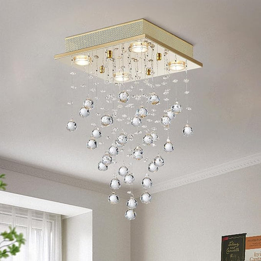 Bestier Gold Modern Crystal Square Raindrop Chandelier Lighting Flush Mount LED Ceiling Light Fixture Pendant Lamp for Dining Room Bathroom Bedroom Livingroom 4 GU10 Bulbs Required 12" Wide 20" High