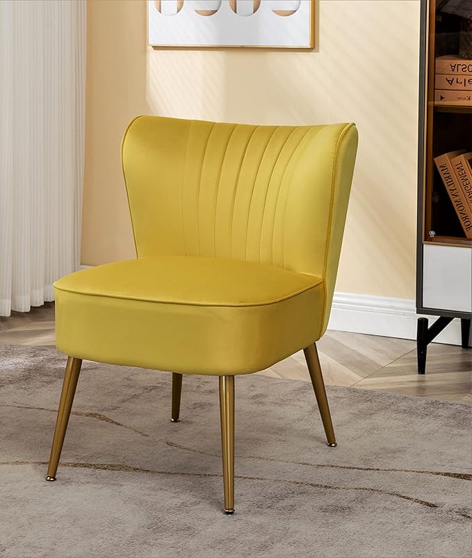 Modern Velvet Accent Chair for Living Room, Bedroom, or Entryway, Stylish and Comfortable Armless Design with Metal Legs, Yellow