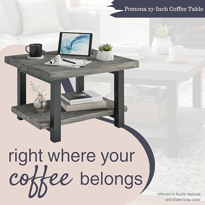 Alaterre Furniture Pomona Living Room Collection – 27 Inch Square Solid Wood Coffee Table with Metal Legs – Modern Rustic Industrial Small Space Table (Slate Grey)