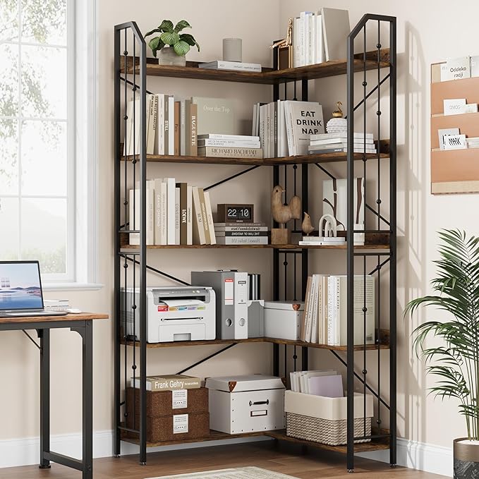 GarveeHome Corner Bookshelf 72" L Shaped Bookcase, Corner Bookshelves Industrial Bookcase 5 Tier L-Shape Bookshelf, Large Bookcases with Beaded Design Tall Display Rack Shelf for Living Room Bedroom