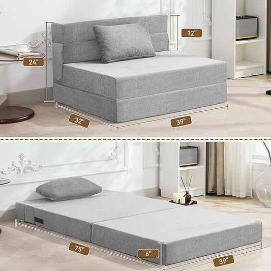 WUTUTUEE Folding Sofa Bed Convertible Floor Couch Foldable Chair Bed with Pillow，Linen Sleeper Chair Futon,Foldable Memory Foam Mattress for Bedroom/Living Room/Dorm/Office (Light Grey, Standard)