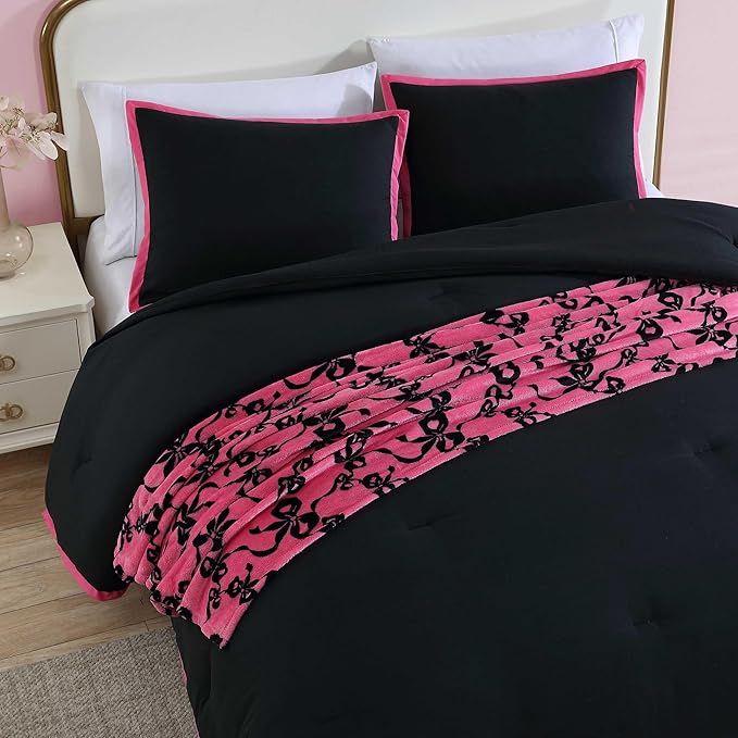 Betsey Johnson - Twin Comforter Set, Bedding Set with Matching Sham & Bonus Soft Throw, Dorm Essentials (Signature Hotel Solid Black)