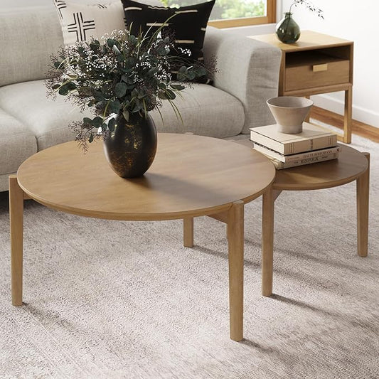 Nathan James Kendall Round Modern Nesting Coffee Set of 2, Stacking Living Room Accent Tables, Light Brown