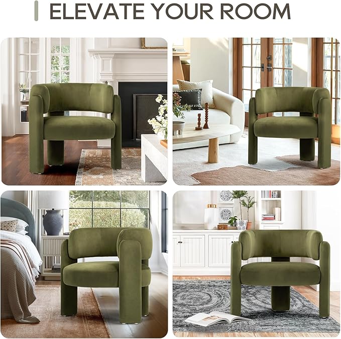 COLAMY Modern Accent Chair, Velvet Accent Chairs, Upholstered Barrel Chairs with Solid Wood Legs, Comfy Side Chair for Living Room, Bedroom, Reading, Cozy Reading Chair,Green
