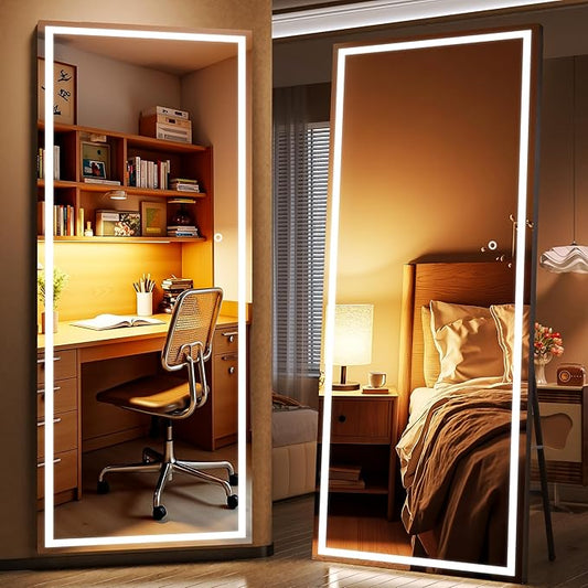 81” x 34" Full Length Vanity Mirror with Lights, Large LED Makeup Mirror Floor Standing, Dimmable Beauty Mirror for Bedroom, Dressing Room, Content Creation, Tempered Glass Black Frame