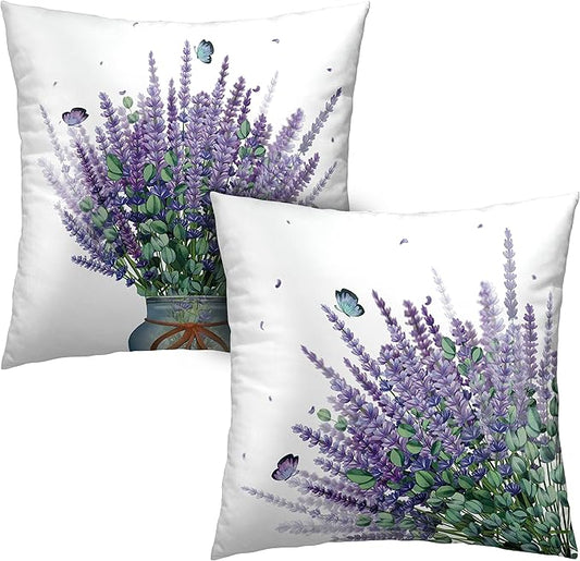 Purple Floral Pillow Covers Set of 2 Lavender Decorative Throw Pillow Covers 16x16 Spring Summer Farmhouse Square Pillowcases for Outdoor Living Room Garden Sofa