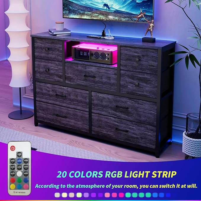 Dresser for Bedroom with 9 Drawers, Grey Storage Organizer TV Stand for 55" TV with LED Lights and Sockets, Fabric Chest of Drawers with PU Finish for Kid Room, Entryway, Living Room, Hallway