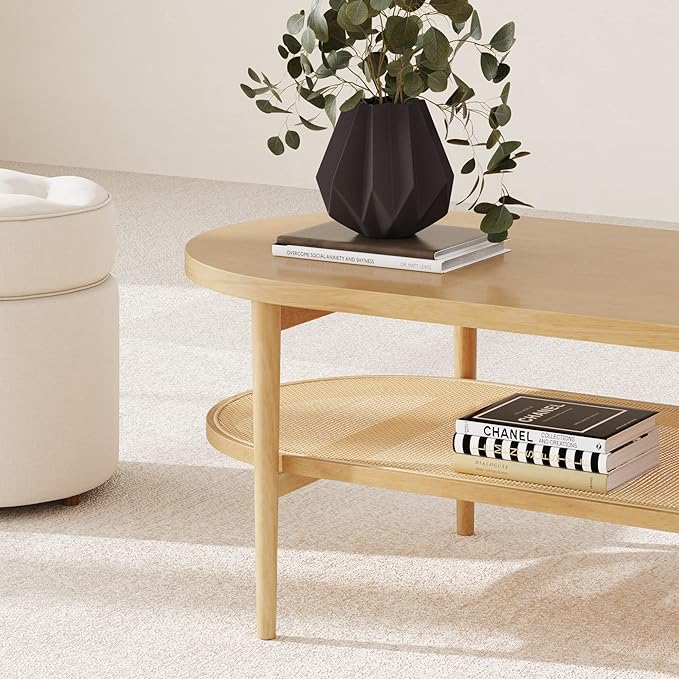 Nathan James Sonia Coffee Table with Storage Shelf, Light Wood/Rattan