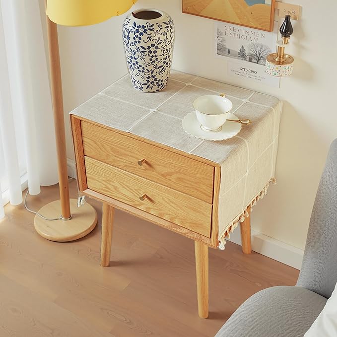 Modern Nightstand Cover with Tassels,Rustic Plaid End Table Cover Cloth,Square nightstand dust Cover and Dresser Cover top for Living Room.Machine Washable (Coffee,35.4" L x 15.7" W)