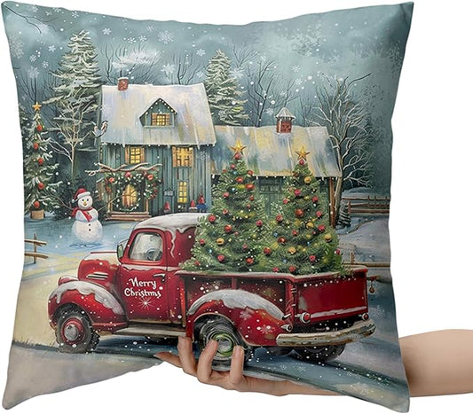 Christmas Red Truck Pillow Covers 16x16 Set of 2 Xmas Tree Cabin Snowman Pillow Case Merry Christmas Cushion Case for Winter Holiday Decorations Couch Bedroom