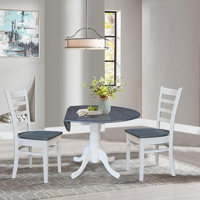 IC INTERNATIONAL CONCEPTS 42" Drop Leaf Wood Table with 2 Emily Side Chairs in White/Heather Gray