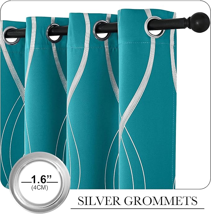 NICETOWN Room Darkening Curtains for Bedroom, Peacock Teal, 2 Panels, 52 x 84 inch, Noise Reducing Thermal Insulated Wave Line Foil Print Design Blackout Curtains for Storage Office Work Area