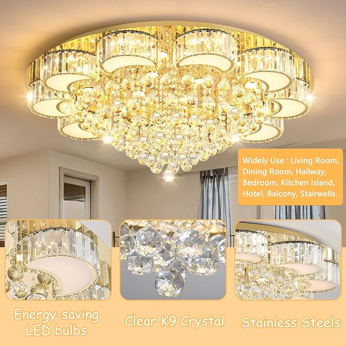 39.4'' Gold Modern Crystal Chandeliers for Dining Room LED Dimmable Light Fixtures Flush Mount Light Living Room Bedrooms