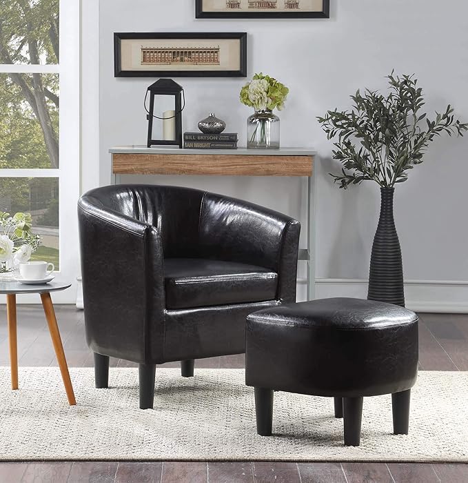 Convenience Concepts Take a Seat Churchill Accent Chair with Ottoman, Black Faux Leather
