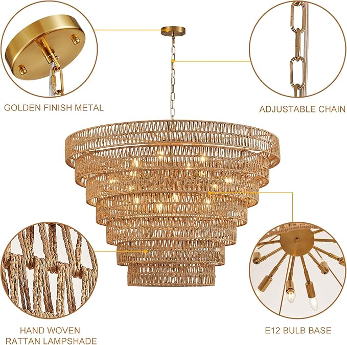 Hand-Woven Rattan Chandelier Vintage Farmhouse 15-Lights Boho Bamboo Large Chandeliers Light Fixture 7-Tier Drum Wicker Chandelier for Dining Room, Living Room, Kitchen, E12