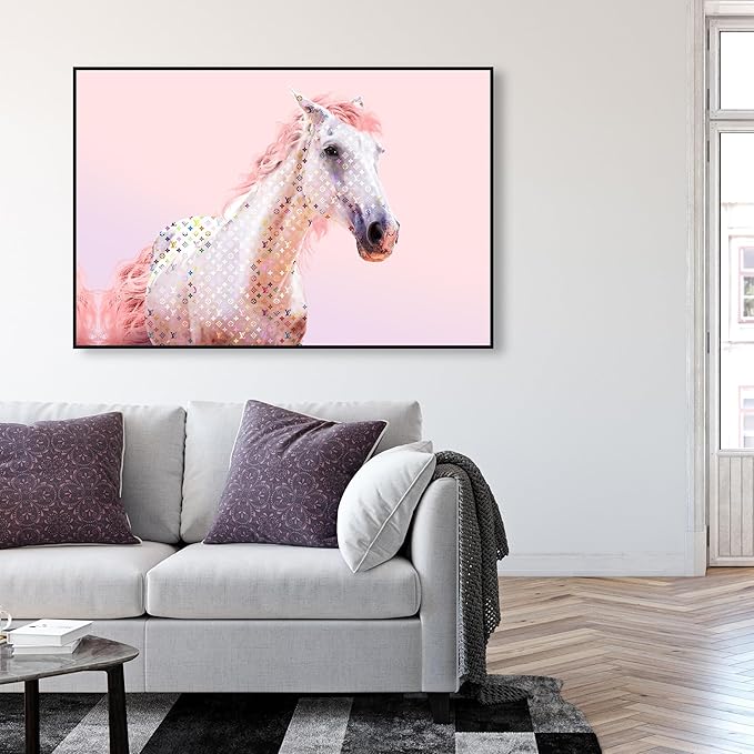Country Farmhouse Canvas Print Painting Animal Wall Art 'Pink Glam Horse' Black Framed Canvas Rustic Home Décor 54x36 in Pink, White by Oliver Gal