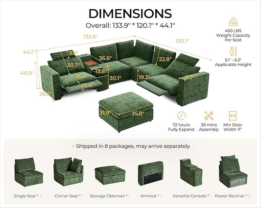 Oversized Modular Power Recliner Sofa Wall Hugger, Cloud Reclining Couch with Headrest, Storage Ottoman, Drawer Charging Cup Holder, Deep L-Shaped 6 Seater with Dual Electric Recliner, Chenille, Green