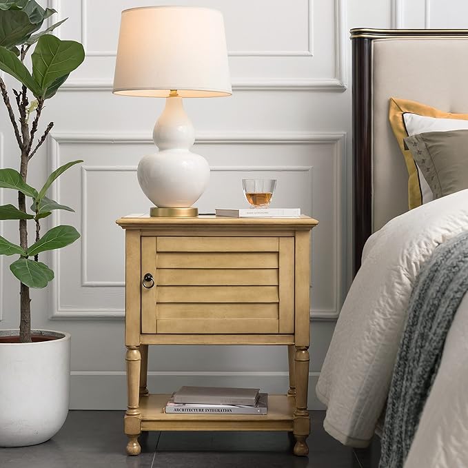 Leick Home Louvered Nightstand, Solid Wood, with USB-C Charging, 1 Door, Desert Sand, 9071-DS