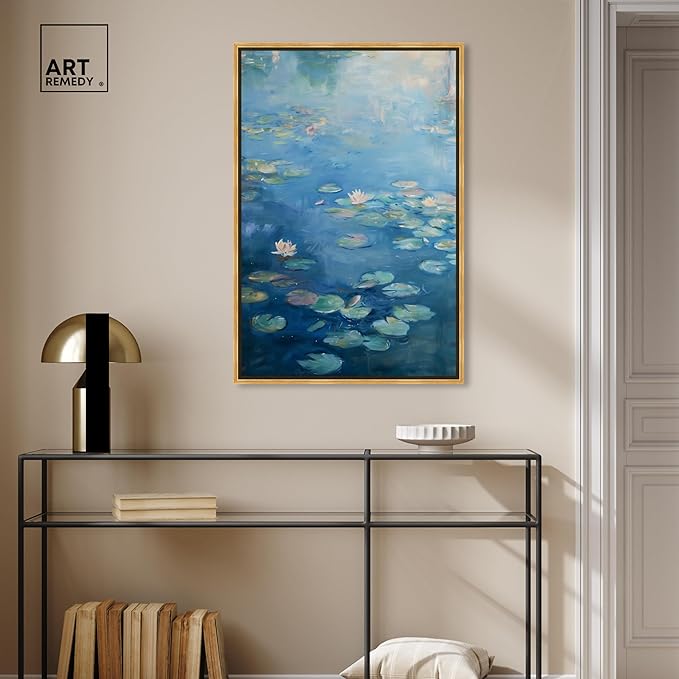 Art Remedy Lilypads In Blues Framed Impressionism 1 Piece Canvas Wall Art/Monet And Van Gogh Inspired Art, 25.5" x 37.5", Gold Frame