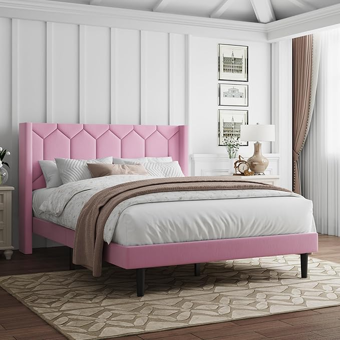 Full Size Bed Frame with Velvet Upholstered Headboard, Platform Bed Frame No Box Spring Needed, Modern Bedframe with Strong Wooden Slats, Pink