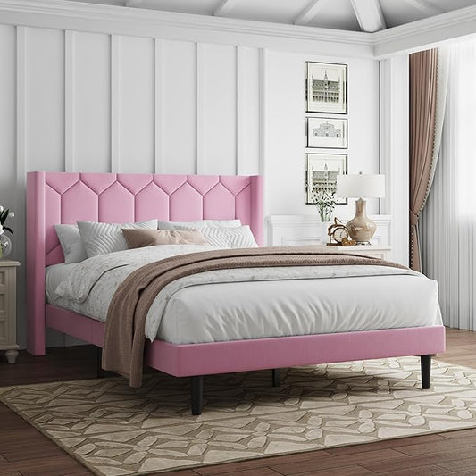 Full Size Bed Frame with Velvet Upholstered Headboard, Platform Bed Frame No Box Spring Needed, Modern Bedframe with Strong Wooden Slats, Pink