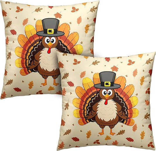 Set of 2 Thanksgiving Throw Pillow Covers Cute Cartoon Turkey Pillow Covers 22x22 Square Fall Leaves Pillow Case Cotton Blend Cushion Case for Living Room Couch Bedding