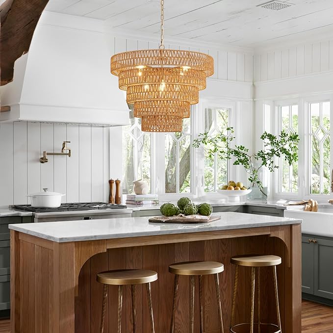 25.6" Hand-Woven Rattan Chandelier Light Fixture 8-Light Vintage Farmhouse Hand-Woven Boho Bamboo Rattan Chandelier 5-Tier Drum Wicker Golden Chandeliers for Dining Room, Kitchen, Living Room