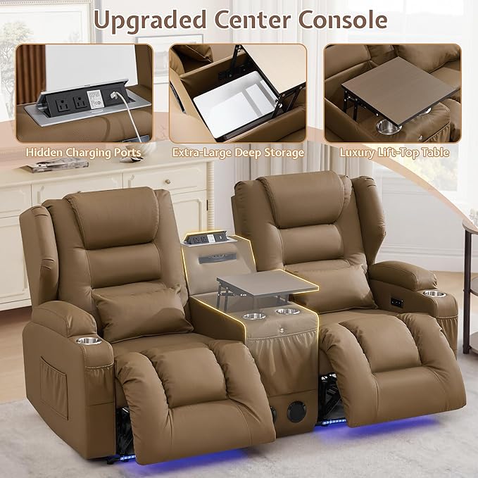 SAMERY Loveseat Recliner Sofa, Power Reclining Loveseat Sofa, Wall Hugger Recliners RV Couch with Console, Lift-Top Table, Rhythm & Ambient LED Lights, USB-C, Outlets, Faux Leather, Khaki | Extra Wide Seat, Plush Padding, Dual Power Recline, Lift-Up Ta...