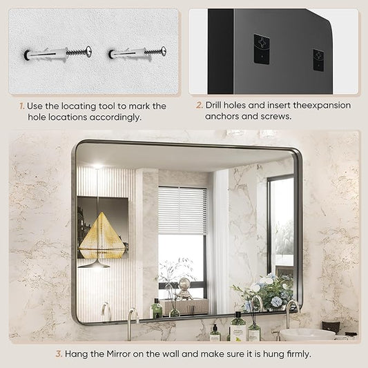 DUMOS Black Vanity Bathroom Mirror for Wall, Metal Framed Rounded Rectangular Modern Mirrors for Over Sink, 30x40 Inch for Farmhouse, Tempered Glass, Hangs Horizontally or Vertically