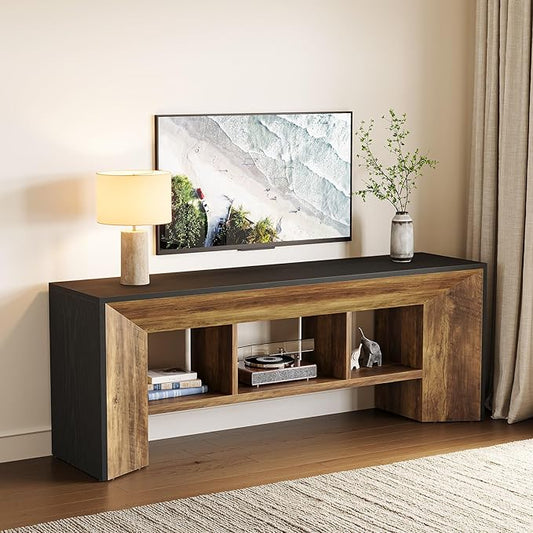LITTLE TREE TV Stand for Up to 70 Inch TV, 63 Inches Long Entertainment Center for Living Room, Industrial Large Media Television Console Furniture with 3 Storage Cubes, Rustic Brown and Black