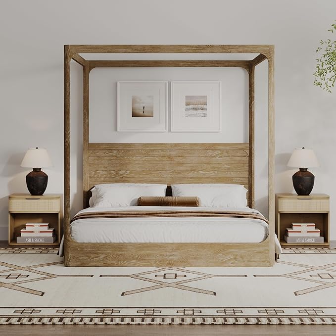 Nathan James Keith Farmhouse Bedside Table, Modern Coastal Nightstand, Rattan Nightstand with 1 Drawer for Bedroom, Light Brown Set of 2