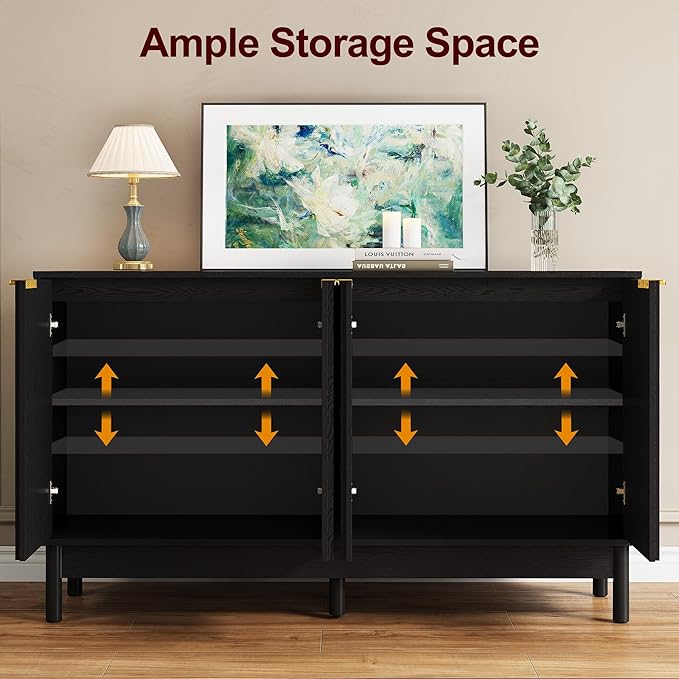 RoyalCraft 55'' Buffet Cabinet with Storage, Fluted Sideboard with Doors and Adjustable Shelves, Wood Credenzas Console Table for Kitchen, Dining Room, Living Room, Black