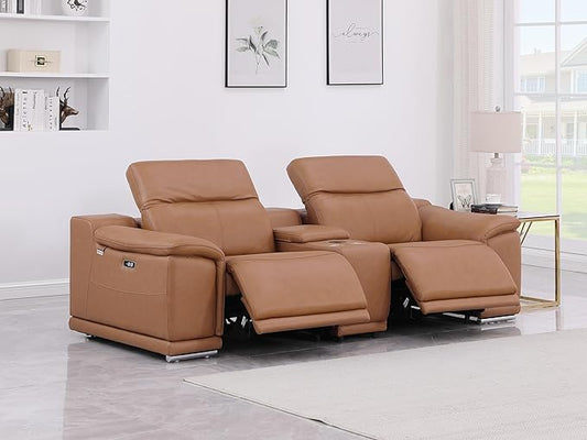 BlackJack Furniture Venice Top Grain Italian Leather Power Recline Loveseat Sofa - 93" Theater Seating Modern Couch for Living Room Apartment Lounge Home with Adjustable Headrests & USB Port, Cognac