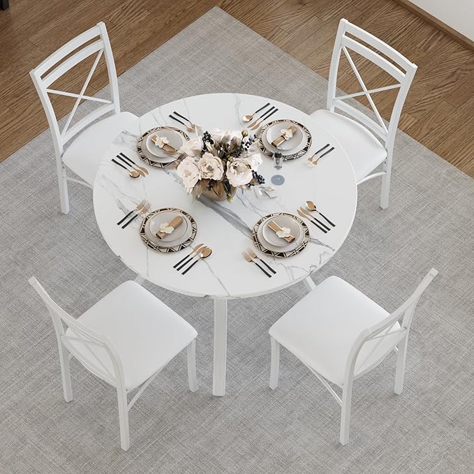 VECELO 5 Piece Dining Table Set for 4 with Chairs, Faux Marble Tabletop, Small Space, Kitchen, Breakfast Nook, White
