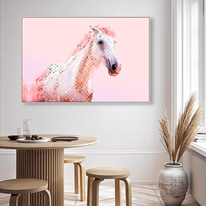 Country Farmhouse Canvas Print Painting Animal Wall Art 'Pink Glam Horse' Champagne Framed Canvas Rustic Home Décor 54x36 in Pink, White by Oliver Gal