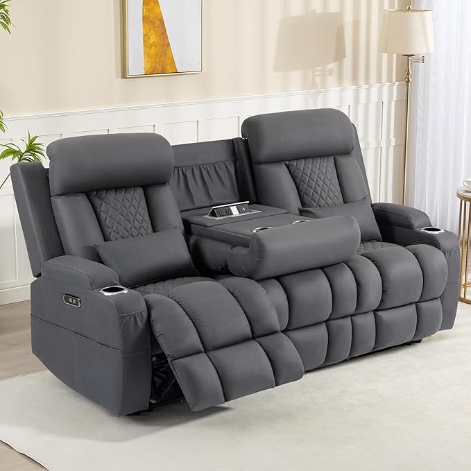 Zero Wall Hugger Power Reclining Sofa with Adjustable Headrest, Electric Reclining Couch with Drop-Down Table,Outlets, Power Loveseat Recliner Sofa for Living Room (Gray, 3 Seat)