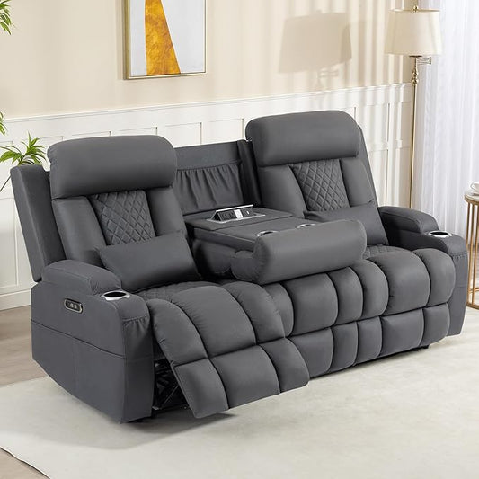 Zero Wall Hugger Power Reclining Sofa with Adjustable Headrest, Electric Reclining Couch with Drop-Down Table,Outlets, Power Loveseat Recliner Sofa for Living Room (Gray, 3 Seat)