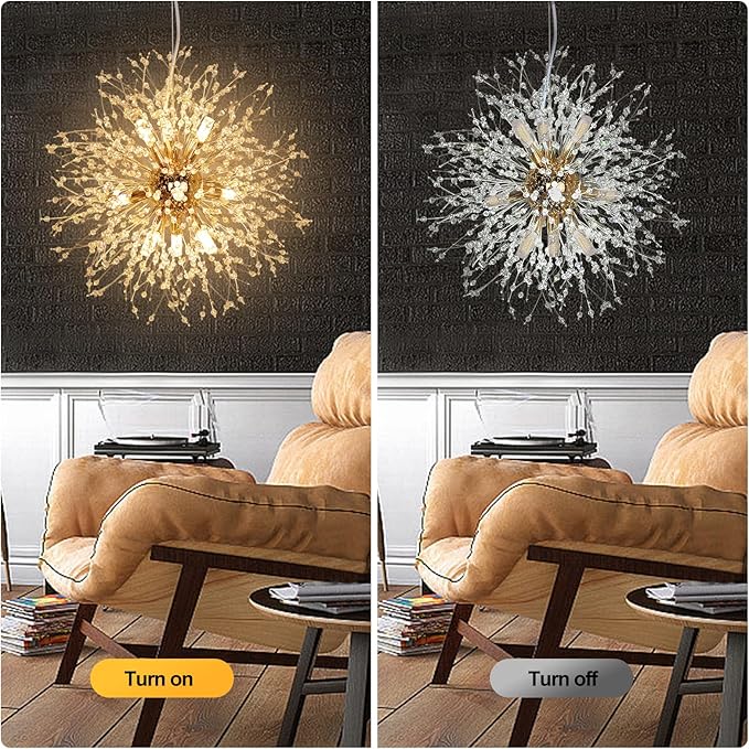Depuley Modern Firework Gold Crystal Chandeliers, 9-Light Sputnik Dandelion Chandelier Light Fixture Pendant Lighting for Dining Room, Living Room, Bedroom, Kitchen, Restaurant(G9 Bulbs not Included)