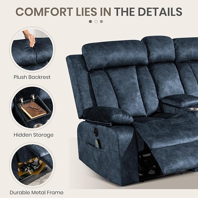 Power Reclining Loveseat with Heat & Massage, Dual Recliner Sofa with Console, Cup Holders, USB & Type-C Ports, 2 Seater Electric Reclining Couch for Living Room, RV (Blue, 2 Seat)