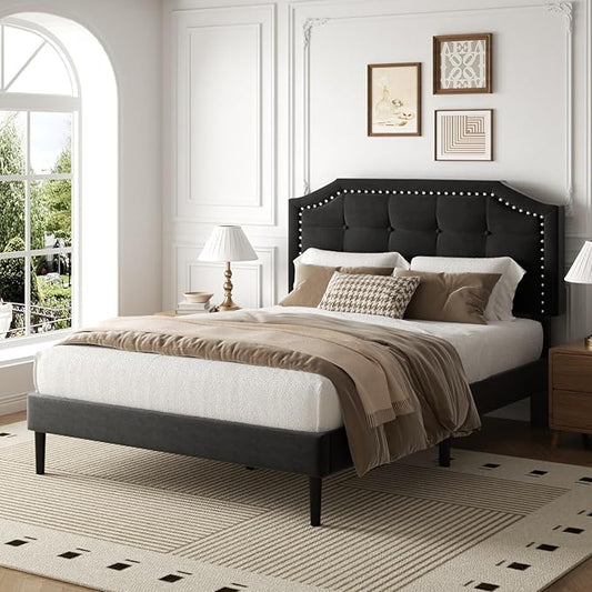 Full Size Bed Frame, Full Size Platform Bed Frame with Upholstered Button Tufted Headboard, Strong Wood Slats, No Box Spring Needed, Mattress Foundation, Easy Assembly Black