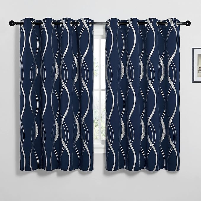 NICETOWN Blackout Curtains 63 inches Long for Bedroom, Thermal Insulated Solid Grommet Top Foil Printed Wave Lines Blackout Panels/Draperies for Boys Kid's Room (Navy Blue, 1 Pair, 52 inch Width)